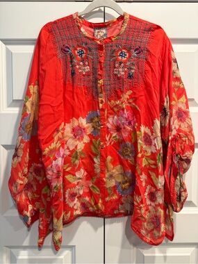 Johnny Was Red Floral Button-Down Shirt